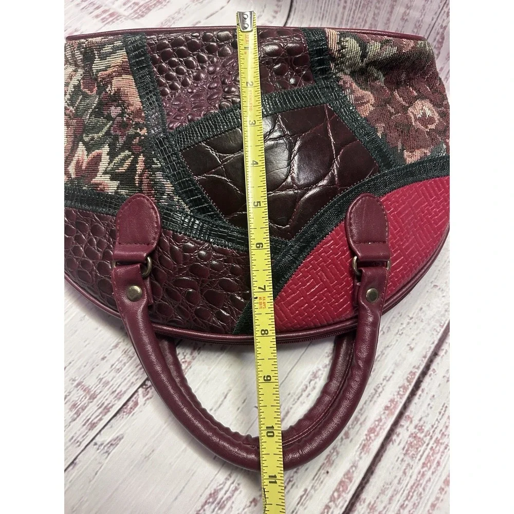 Vintage Style Burgundy Patchwork Satchel Floral Tapestry Croc Embossed Dome Bag